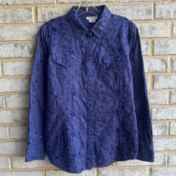 Ariat Long Sleeve Snap Button Front Embroidery Floral Shirt Women's Size L - Picture 1 of 10